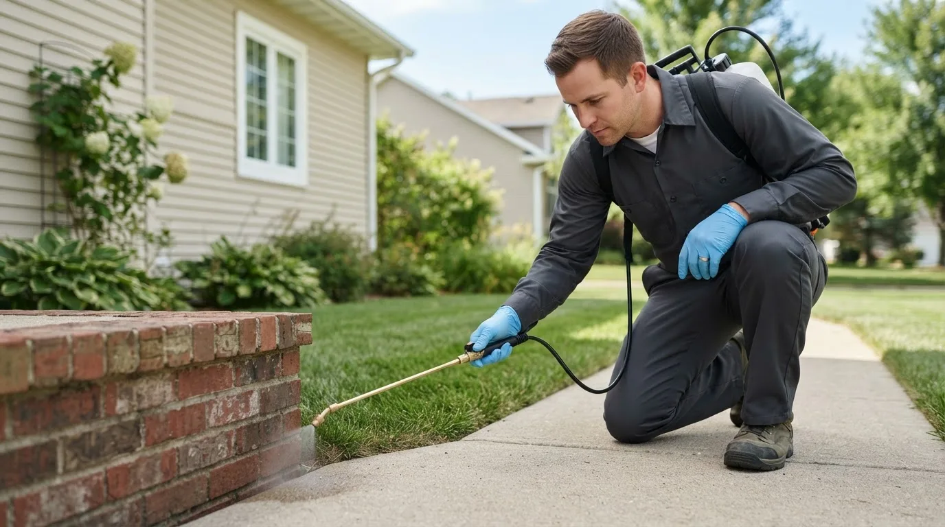 Pest control technician treating a home near Leechburg, PA